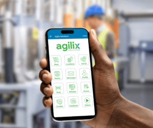 A closeup photo of a customer accessing the new Agilix Solutions online portal from a mobile phone. 