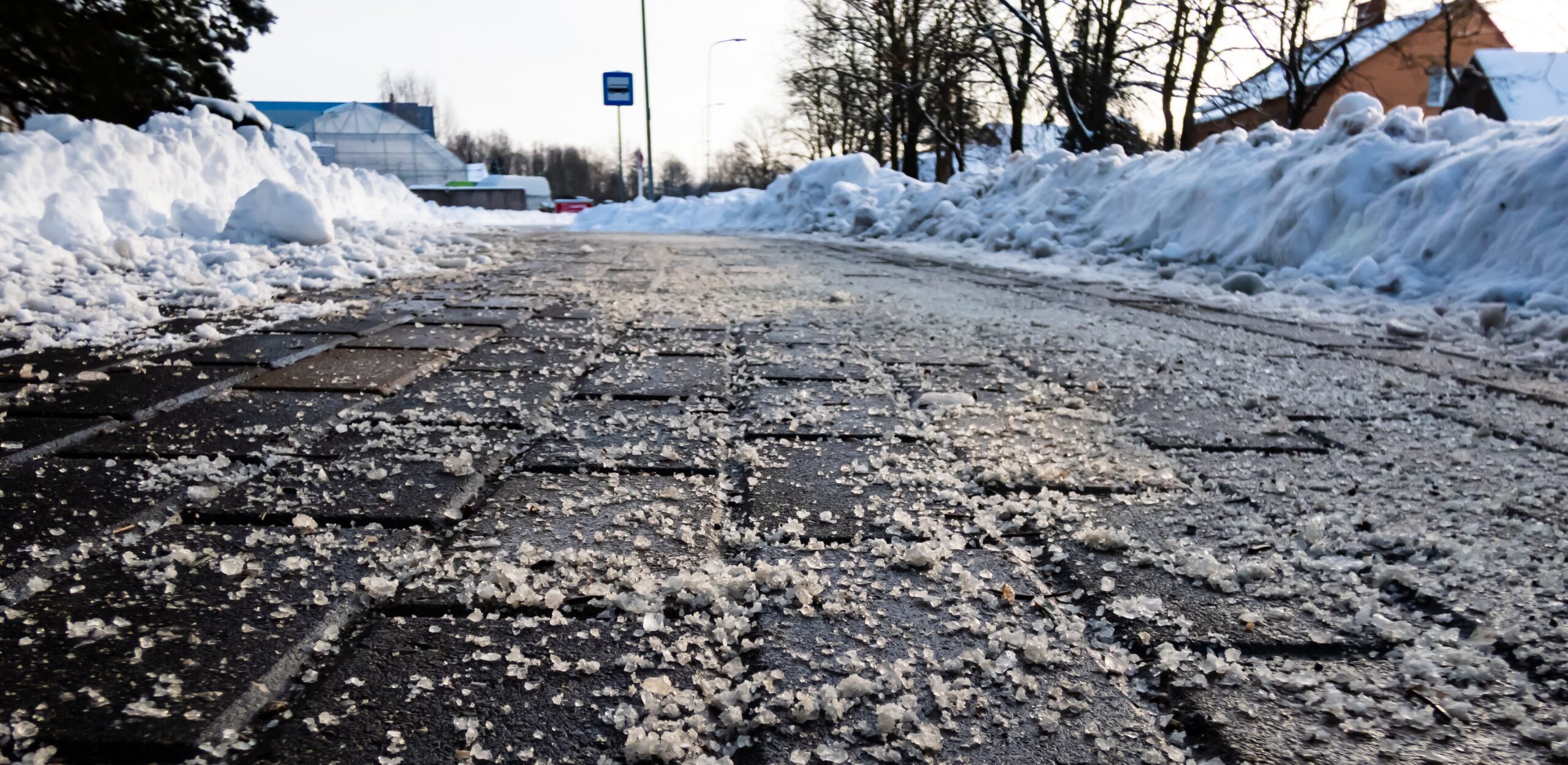 photo of ice melt product on a sidewalk that was recently covered with ice. 